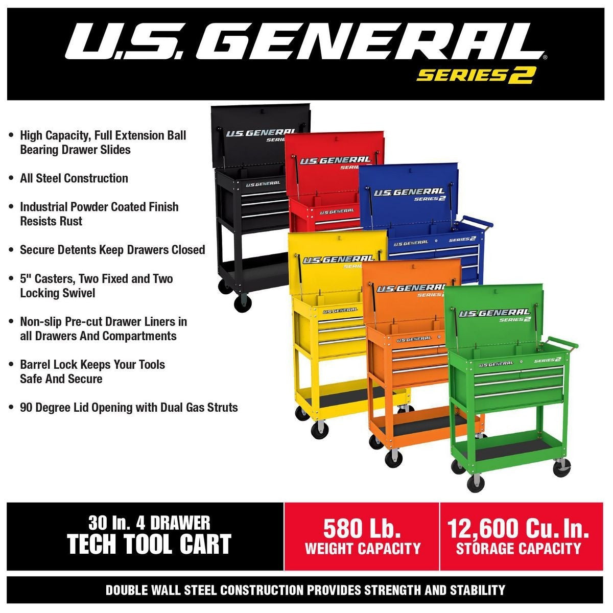 US General Carro de herramientas tecnológico de 4 cajones, 30 pulgadas.  Gabinete de almacenamiento negro US GENERAL : Productos de Oficina 